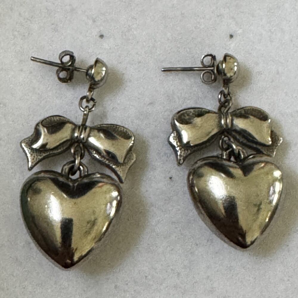 Vintage Sterling Silver 925 Bow Puffy Heart Dangle Earrings 1980s - 1990s